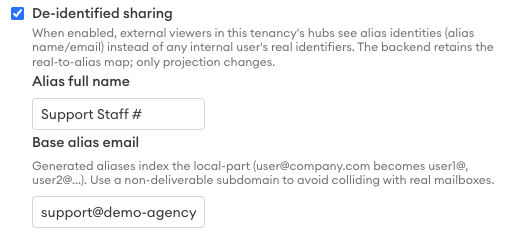 Settings panel with the "De-identified sharing" checkbox enabled, plus fields for "Alias full name" (Support Staff #) and "Base alias email" (support@demo-agency).