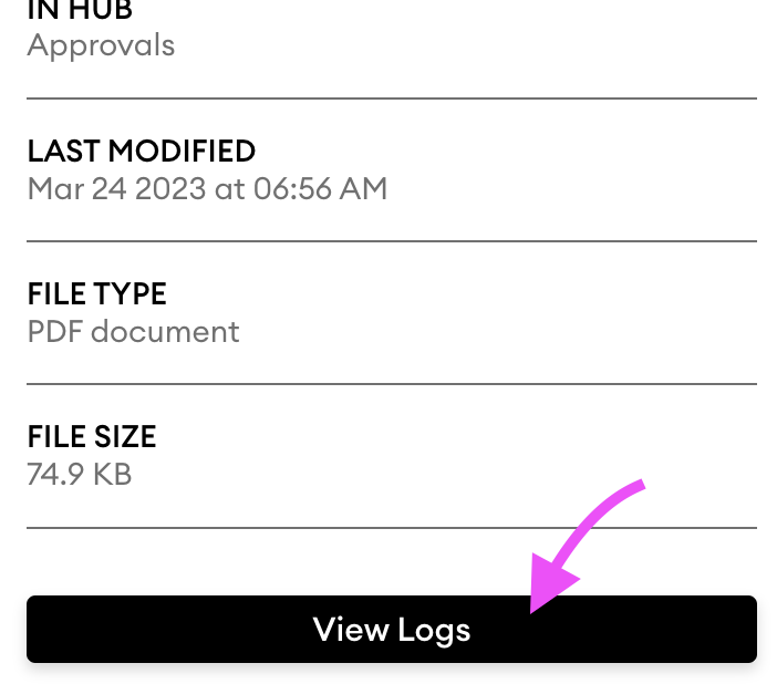 Details panel for a PDF in the Approvals Hub, with a pink arrow pointing to the black "View Logs" button.