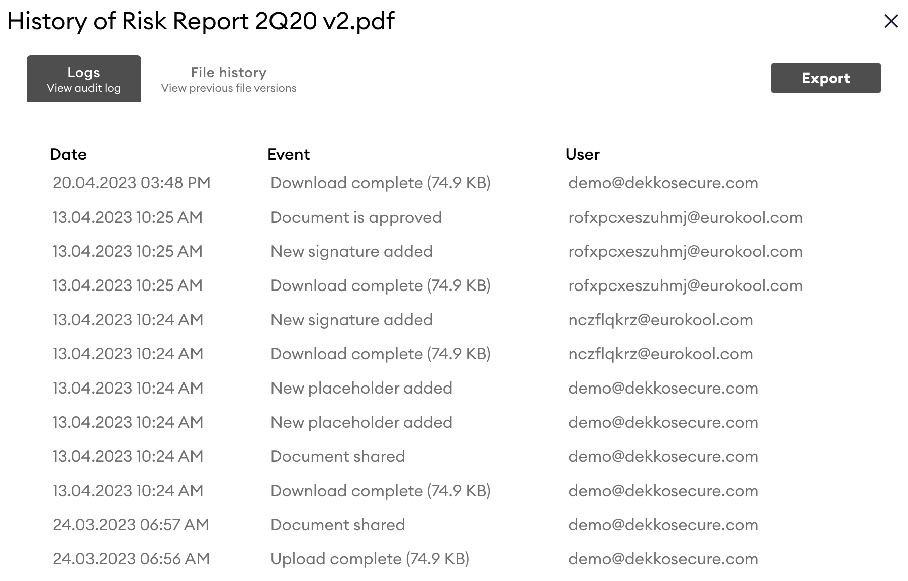 Audit log dialog for "History of Risk Report 2Q20 v2.pdf" showing Logs and File history tabs, an Export button, and dated events with user emails.