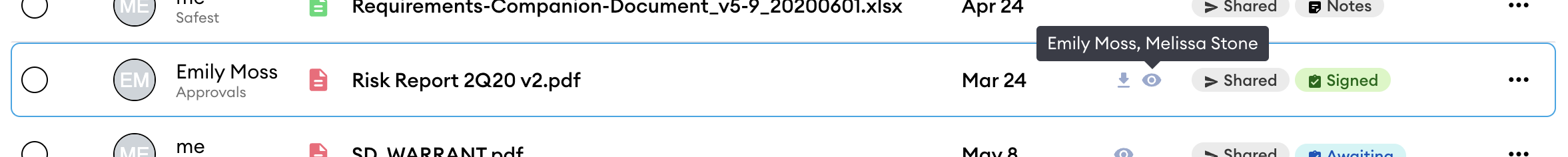 Document list showing a file viewed by "Emily Moss" and "Melissa Stone" with an eye icon
