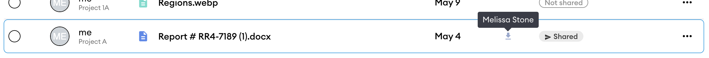 Document list row for "Report # RR4-7189 (1).docx" showing the download icon with a "Melissa Stone" tooltip and a "Shared" status.