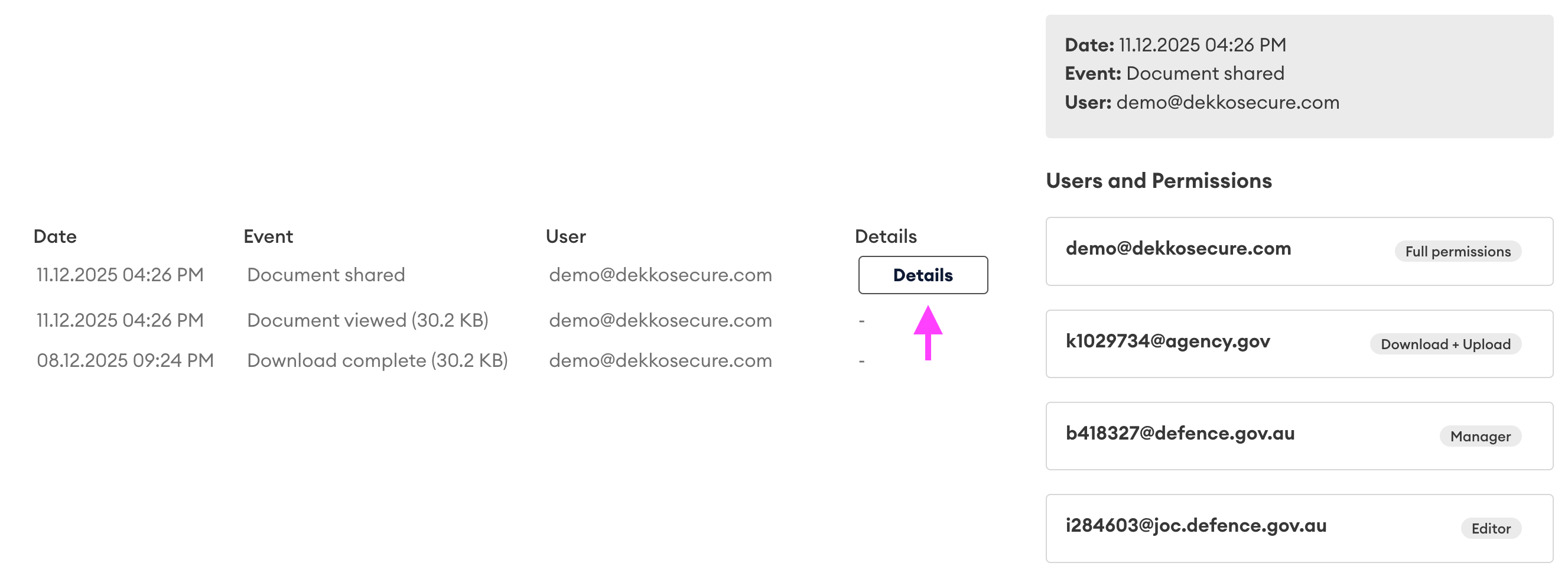 Audit log table showing a "Document shared" entry with its Details button highlighted by a pink arrow, plus the Users and Permissions panel listing each recipient's permission level.
