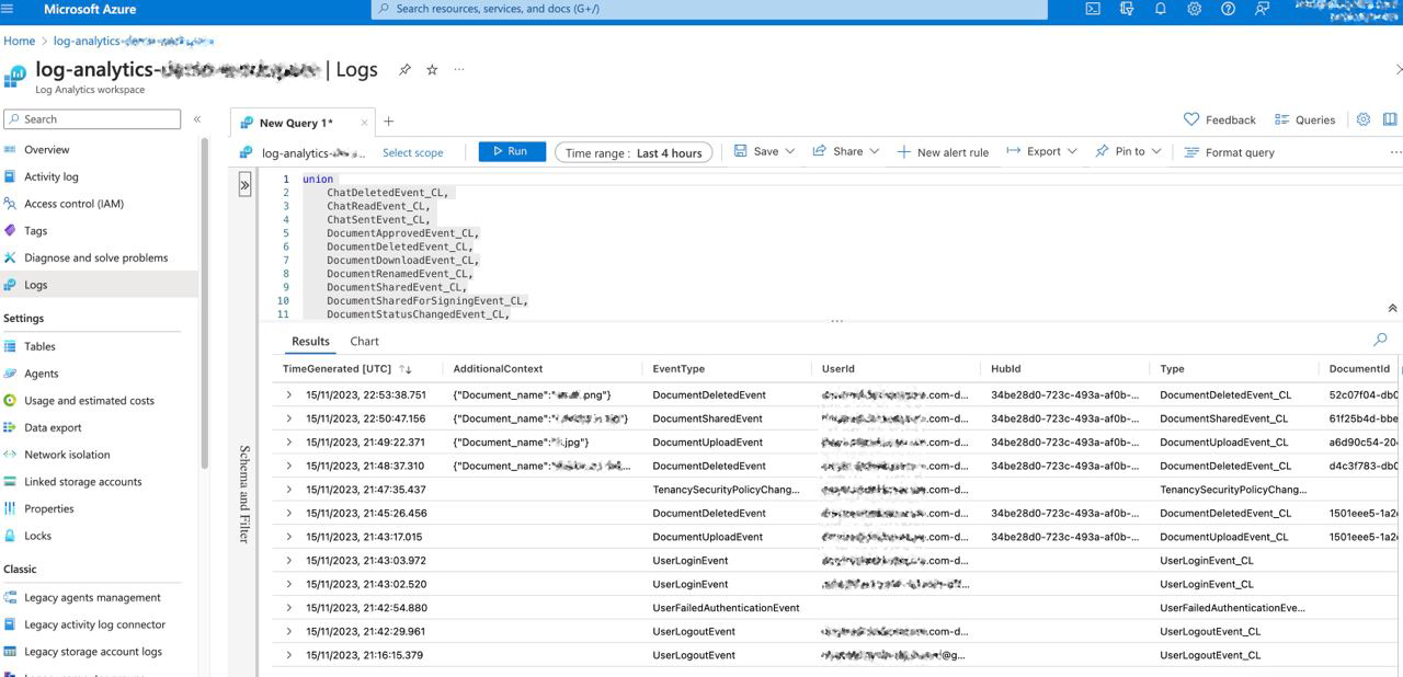 Azure Log Analytics Logs query results listing DekkoSecure events with columns TimeGenerated, AdditionalContext, EventType, UserId, HubId and Type, including document deleted, shared and uploaded even