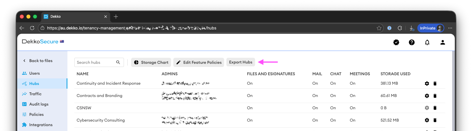 Hubs list in DekkoSecure showing the Export Hubs button (highlighted with an arrow) beside Storage Chart and Edit Feature Policies.
