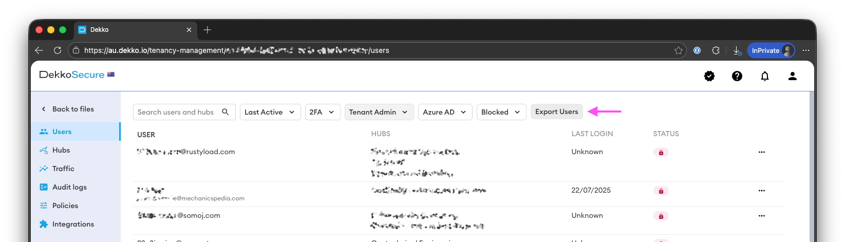 Dekko Users page showing the filter bar and user list, with the Export Users button highlighted by a pink arrow.