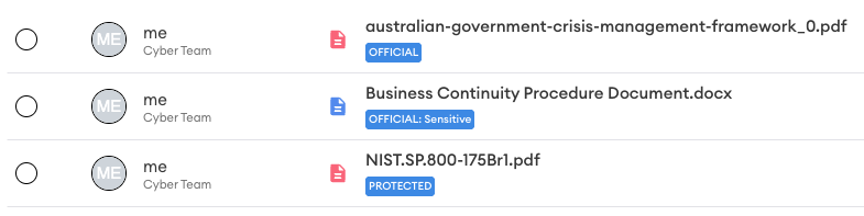 File list showing three documents shared by the Cyber Team, each tagged with a classification label: OFFICIAL, OFFICIAL: Sensitive, and PROTECTED.