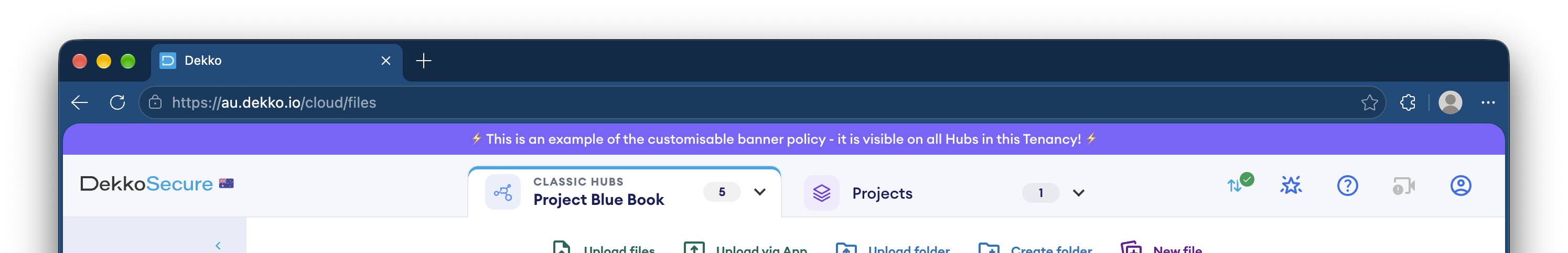 Browser window on the DekkoSecure Hub showing the purple customisable banner across the top, with the Project Blue Book Classic Hub selected and the Upload files and New file toolbar below.