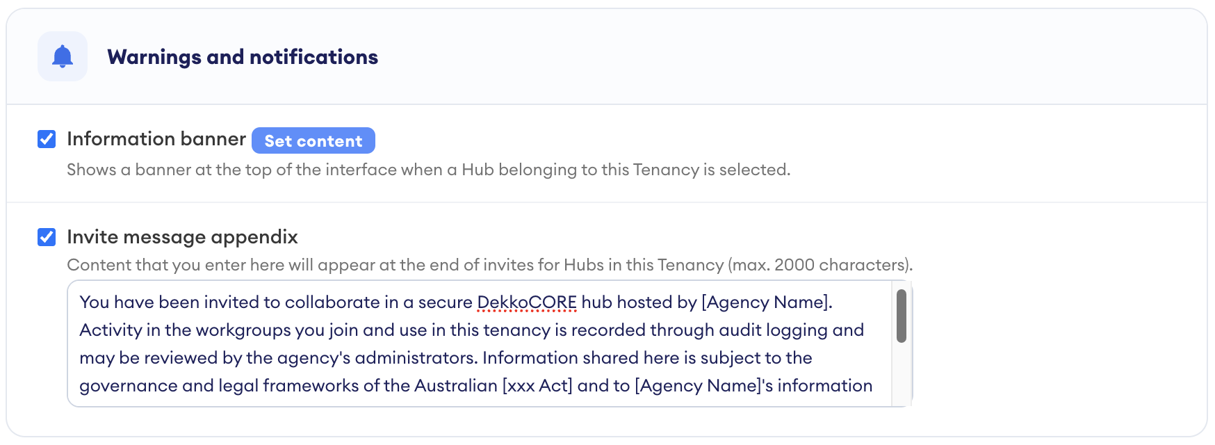 Settings panel titled "Warnings and notifications" showing the Information banner option with a "Set content" button, and the Invite message appendix option with its example text.