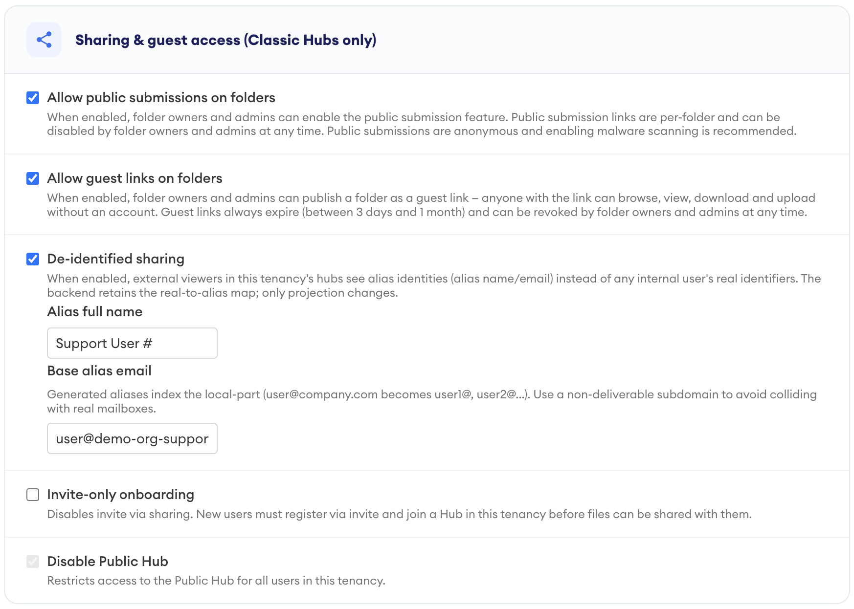 Settings panel titled "Sharing & guest access (Classic Hubs only)" showing checkboxes for public submissions, guest links, and de-identified sharing (enabled), with invite-only onboarding unticked.