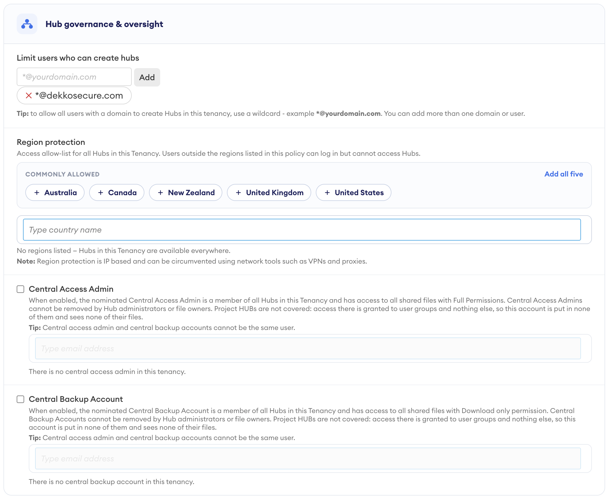 Settings panel showing the "Hub governance & oversight" section, with the "*@dekkosecure.com" domain added to the create-hubs allow-list, the region allow-list with commonly allowed countries, and Cen