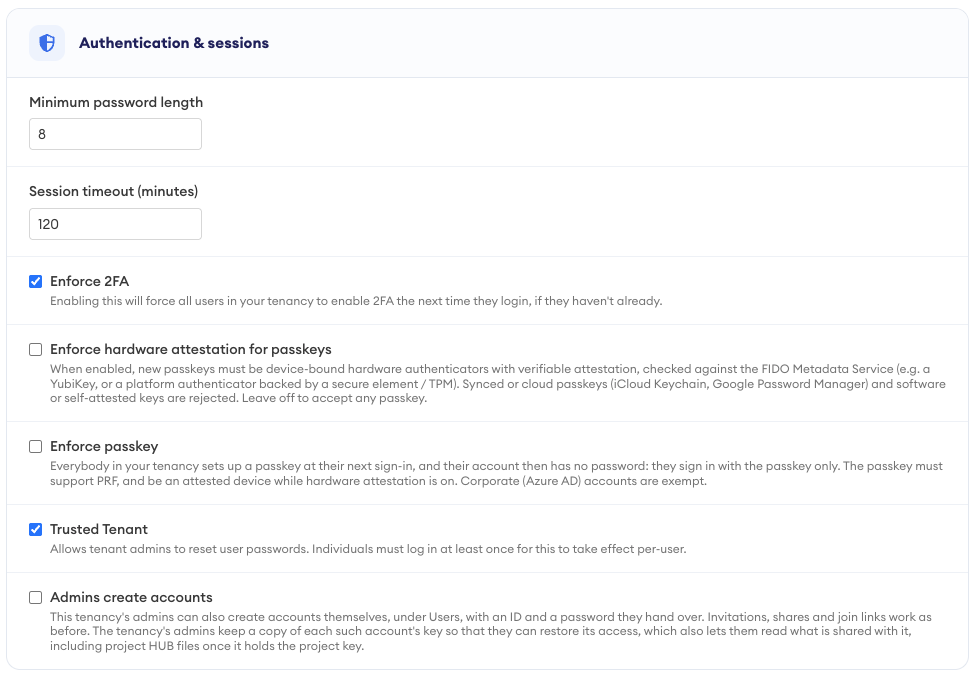 Settings panel titled "Authentication & sessions" showing minimum password length (8), session timeout (120 minutes), and checkboxes for Enforce 2FA and Trusted Tenant (both ticked), with other passke