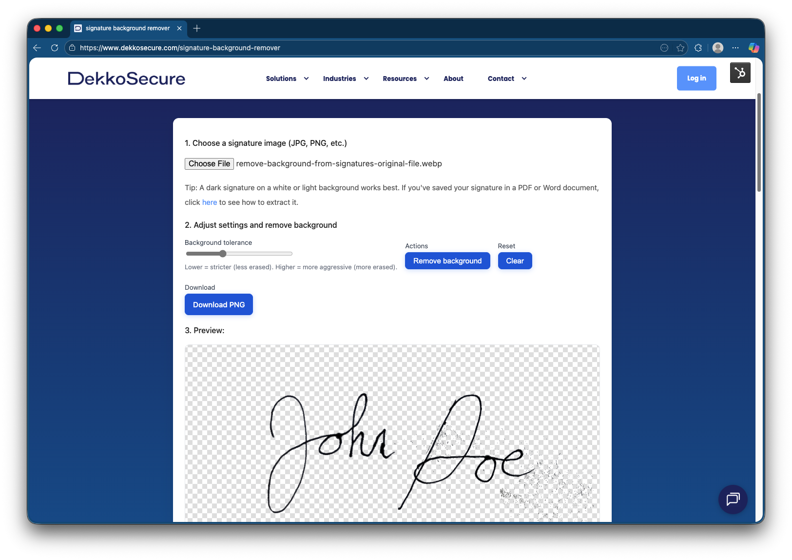 The free DekkoSecure Background Removal Tool for digital signatures