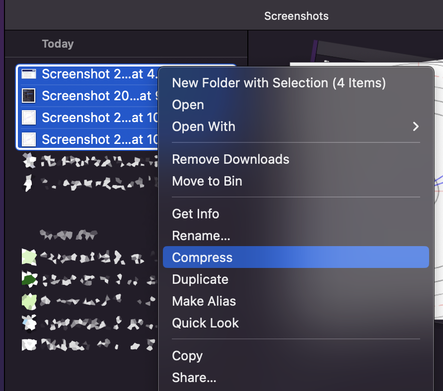 Right-click menu on a Mac with four screenshot files selected in Finder; the "Compress" option is highlighted.