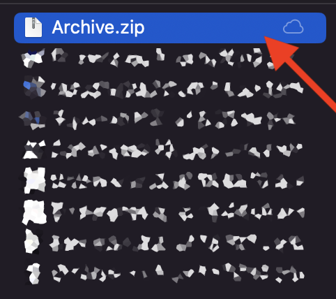 Finder window showing a selected file named "Archive.zip" highlighted in blue, with a cloud download icon and a red arrow pointing to it.