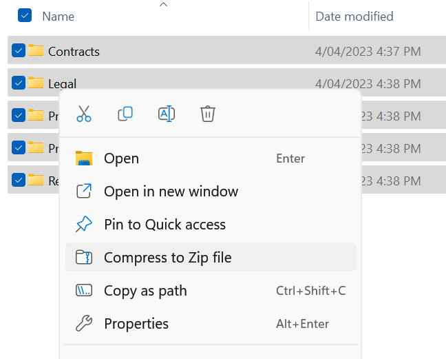 Windows File Explorer context menu with several folders selected, showing the "Compress to Zip file" option highlighted.