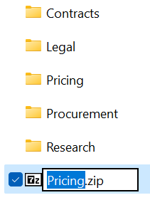 Windows Explorer showing folders Contracts, Legal, Pricing, Procurement and Research, with a new ZIP file named "Pricing.zip" being renamed in an edit box.