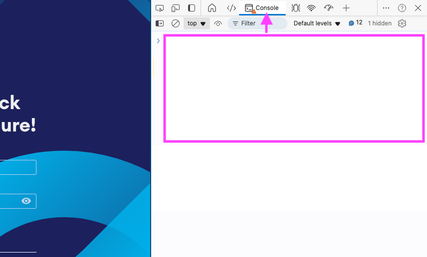 Browser developer tools open to the Console tab, with the empty console output area outlined in pink and a pink arrow pointing to the Console tab.