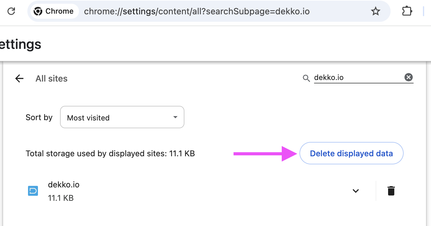 Chrome's All sites page filtered to dekko.io, showing 11.1 KB of stored data and the "Delete displayed data" button highlighted by a pink arrow.