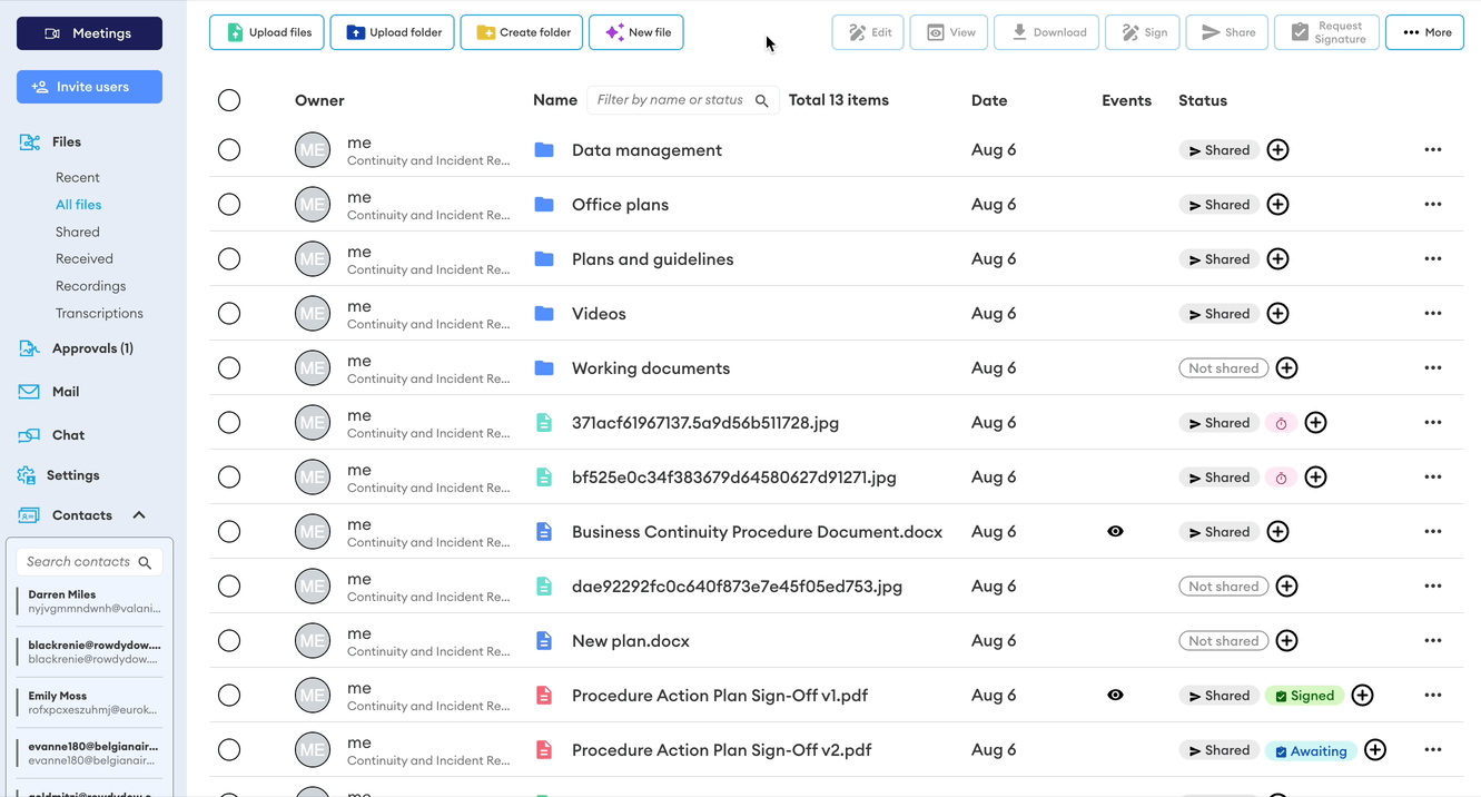 File manager showing 13 items with Upload files, Create folder, Share, and Request Signature buttons, plus Shared, Not shared, Signed, and Awaiting status labels.