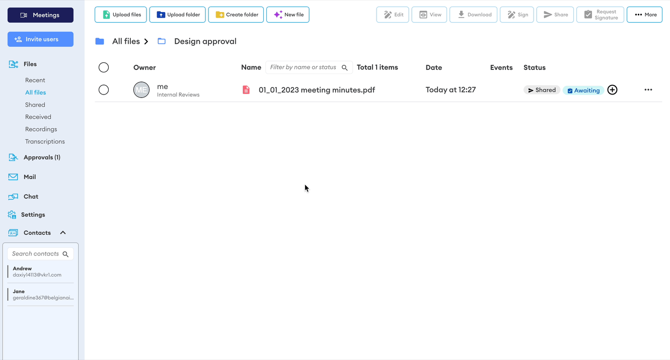Files list in the "Design approval" folder showing the PDF "01_01_2023 meeting minutes.pdf" with Shared and Awaiting status tags.