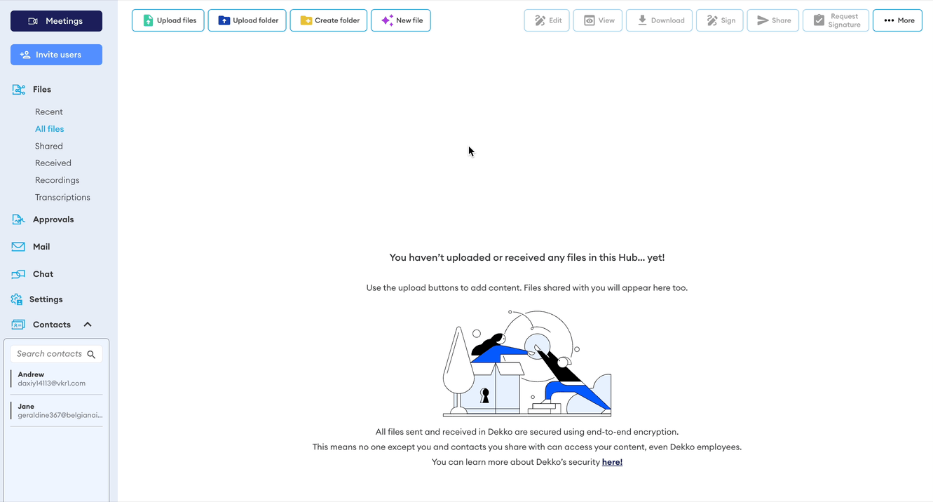 Dekko Files page showing the toolbar with New file, Share and other actions, and the empty All files view.