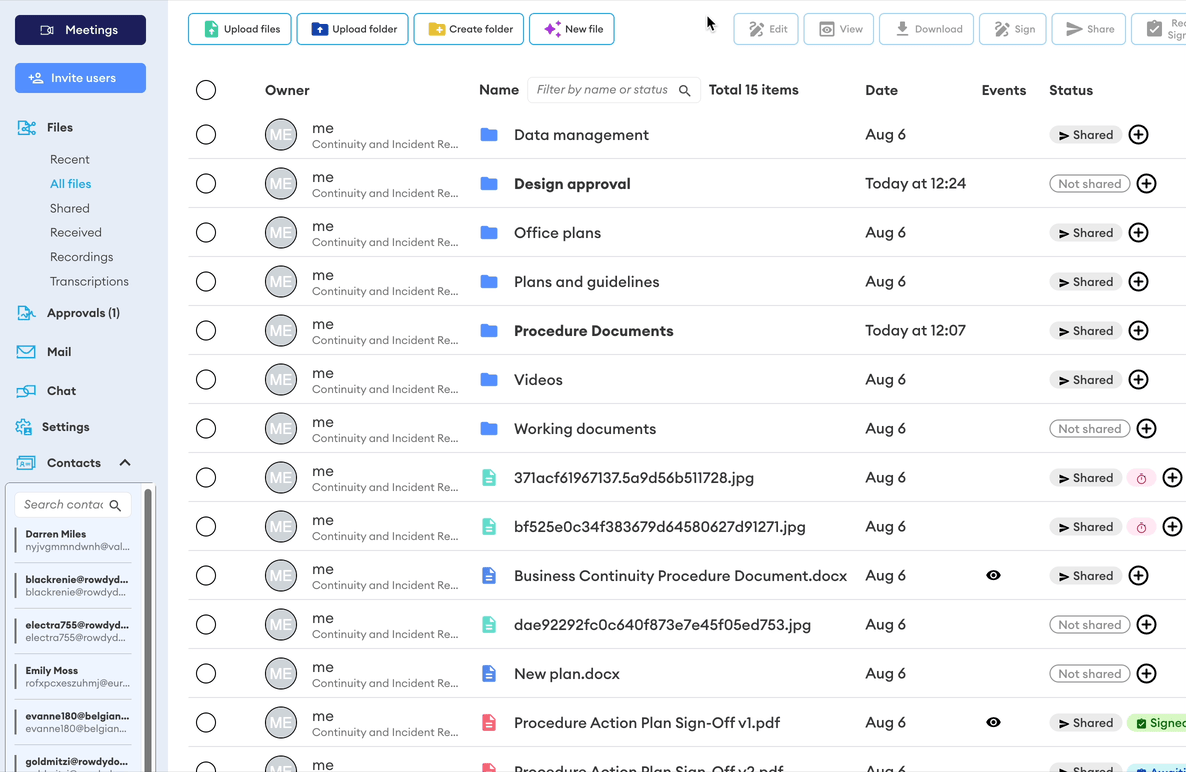 Files list in the DekkoSecure web app showing the top toolbar with Share, Upload files and Sign buttons, and each file's status (Shared or Not shared).