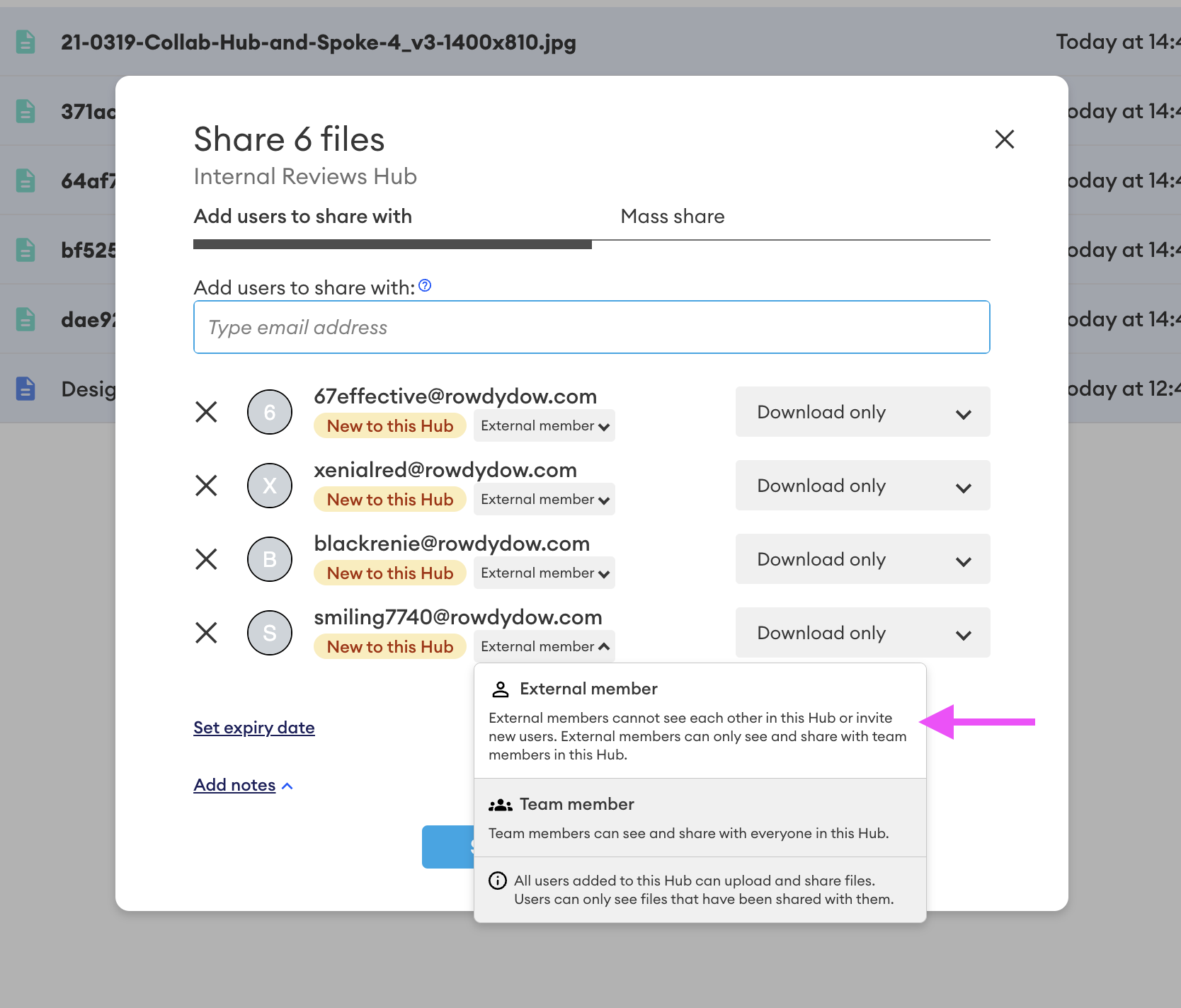 Share dialog for six files in the Internal Reviews Hub, with new external users set to "External member" and the role dropdown open, highlighting the External member option.
