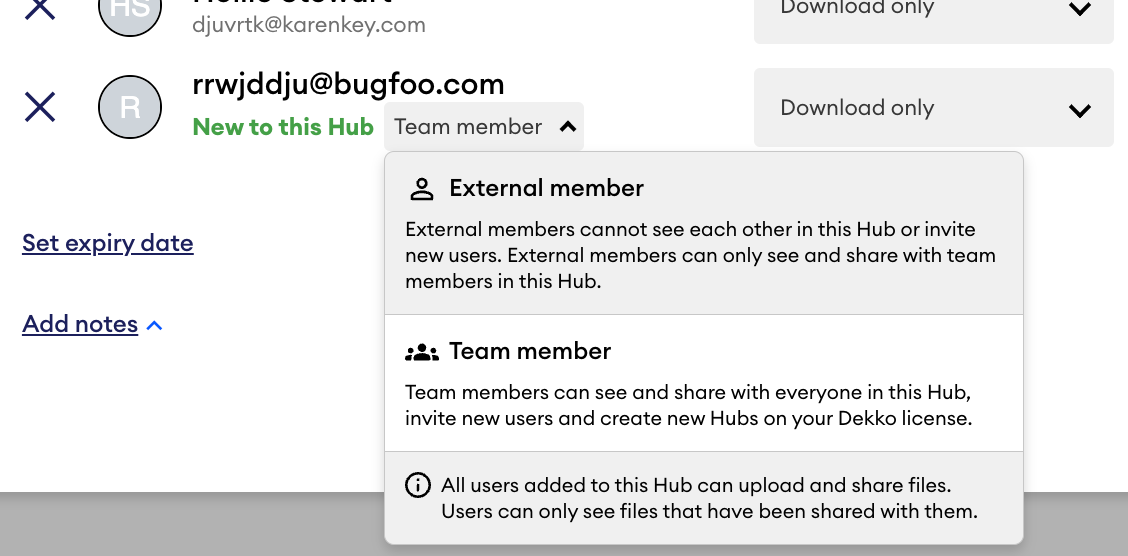  Dropdown beside an email marked "New to this Hub" showing External member and Team member user type options, with descriptions of each.
